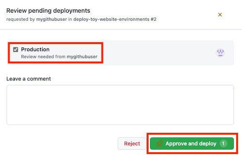 Screenshot dell'interfaccia di GitHub che mostra la pagina di approvazione del flusso di lavoro e il pulsante Approve and deploy.