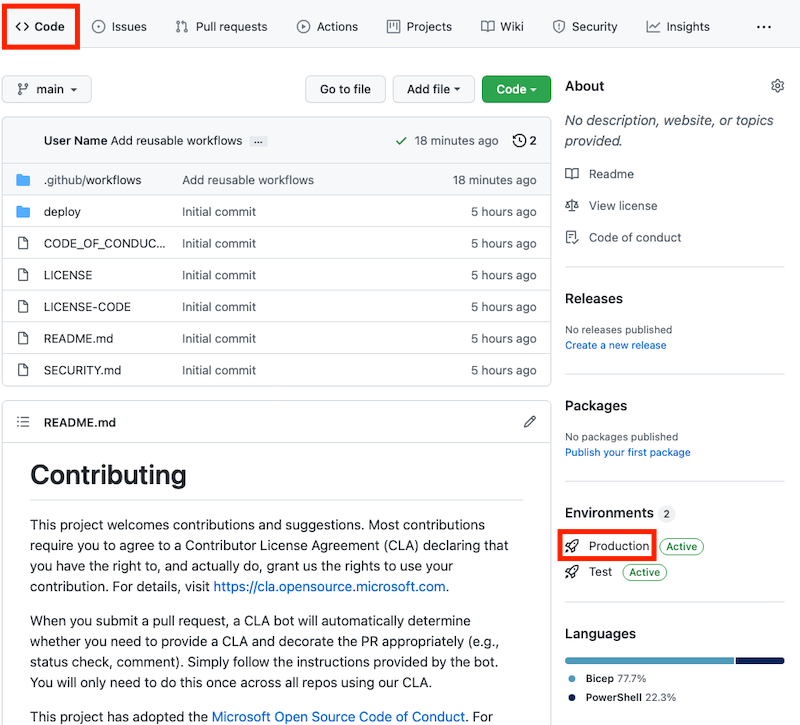 Screenshot di GitHub che mostra l'ambiente della pagina Code, con l'ambiente di produzione evidenziato.