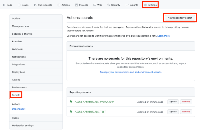 Screenshot di GitHub che mostra la voce di menu Secrets nella categoria Settings.