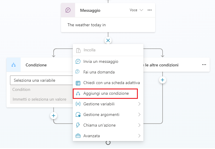 Screenshot dell'opzione Aggiungere una condizione espansa per mostrare le opzioni Ramo basato su una condizione e Ramo per tutte le altre condizioni.