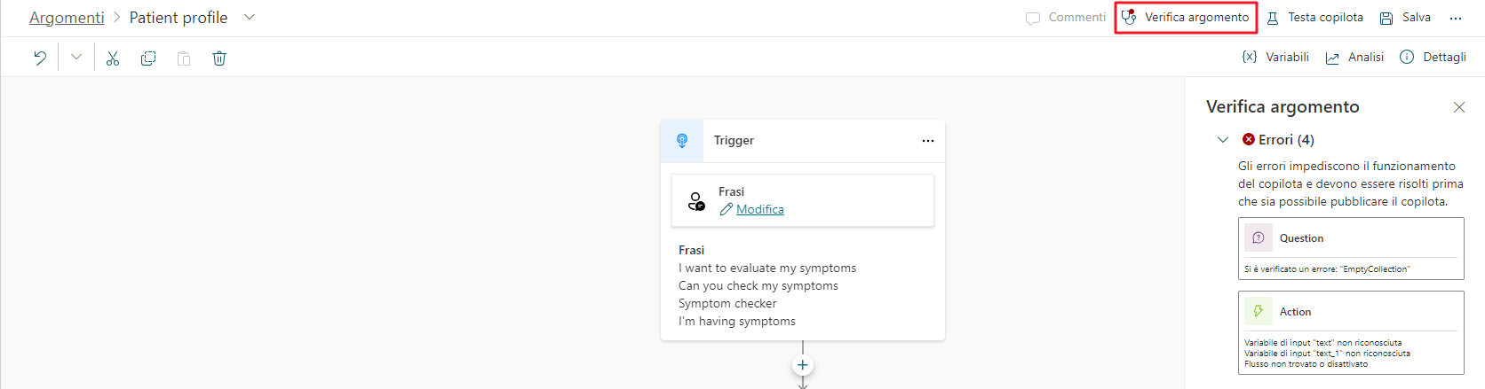 Screenshot del pulsante Verifica argomento selezionato e della finestra Verifica argomento che mostra cinque errori.