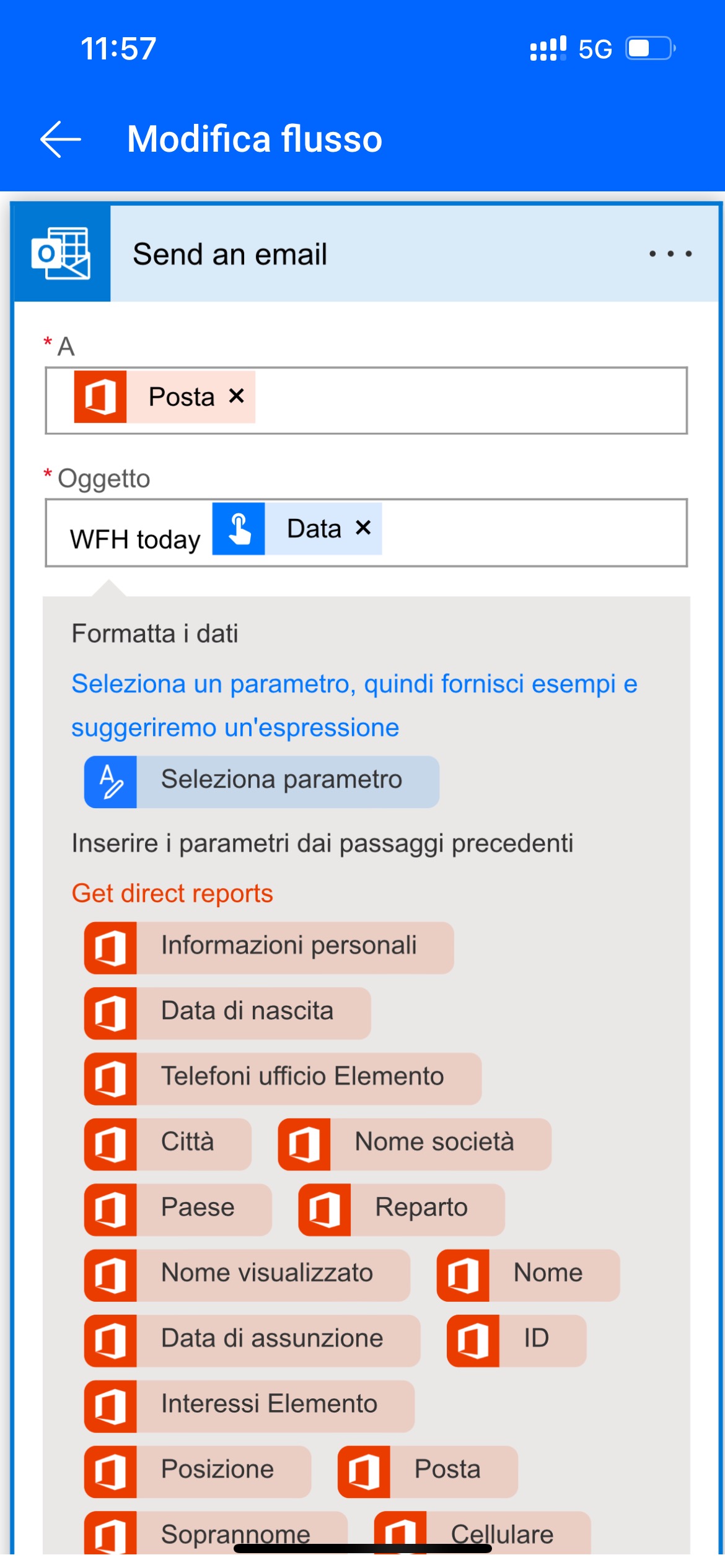 Screenshot del token Data aggiunto al campo Oggetto e il pulsante Fine evidenziati.