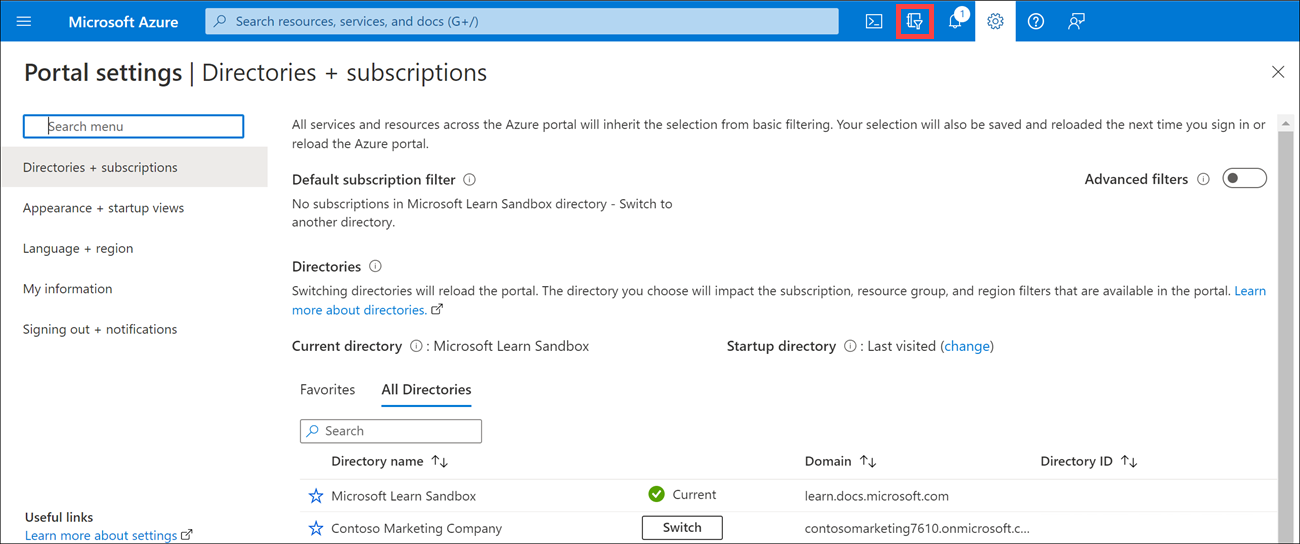 Screenshot che illustra la finestra di dialogo di selezione della directory nel portale di Azure.