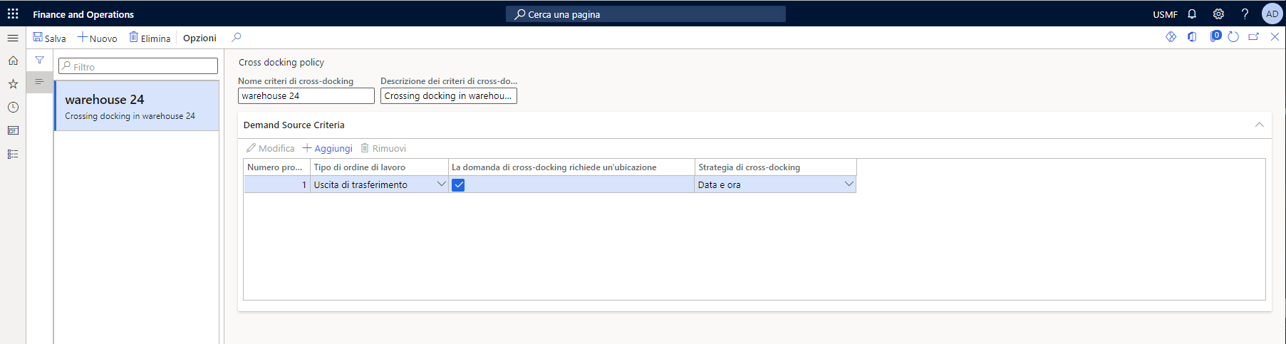 Screenshot del campo Criteri di cross-docking di Gestione magazzino.