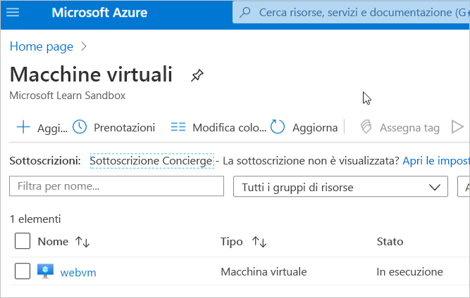 Screenshot of the Azure portal listing of virtual machines displaying webvm.