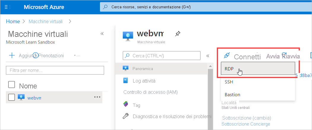 Screenshot of the webvm detail screen with Connect and RDP options selected.