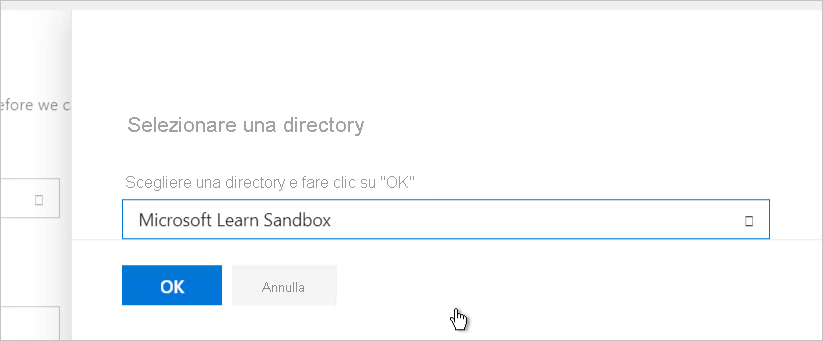 Screenshot della finestra di selezione della directory con Microsoft Learn Sandbox selezionata.