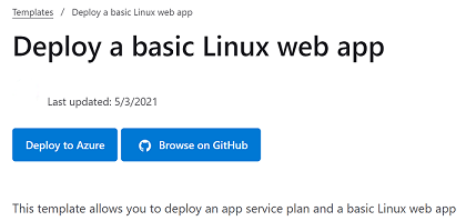 Screenshot that shows an Azure Quickstart Template that deploys a basic Linux web app.