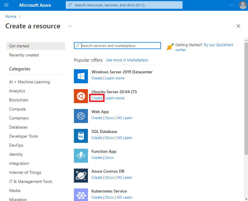 Screenshot che mostra Azure Marketplace. Il collegamento Crea in Ubuntu Server 20.04 LTS è evidenziato.