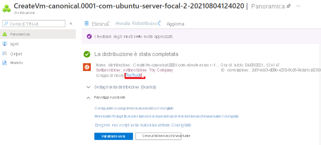 Screenshot del portale di Azure che mostra la distribuzione. Il nome del gruppo di risorse è evidenziato.