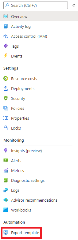 Screenshot del portale di Azure che mostra la voce di menu Esporta modello nel riquadro del gruppo di risorse.