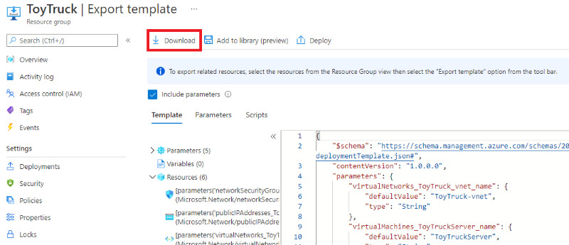 Screenshot del portale di Azure che mostra il modello JSON del gruppo di risorse esportato, con il pulsante Scarica evidenziato.