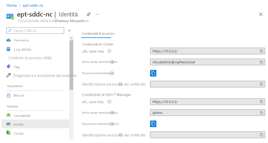 Screenshot of where to find the vCenter and NSX sign-in information in the Azure portal.