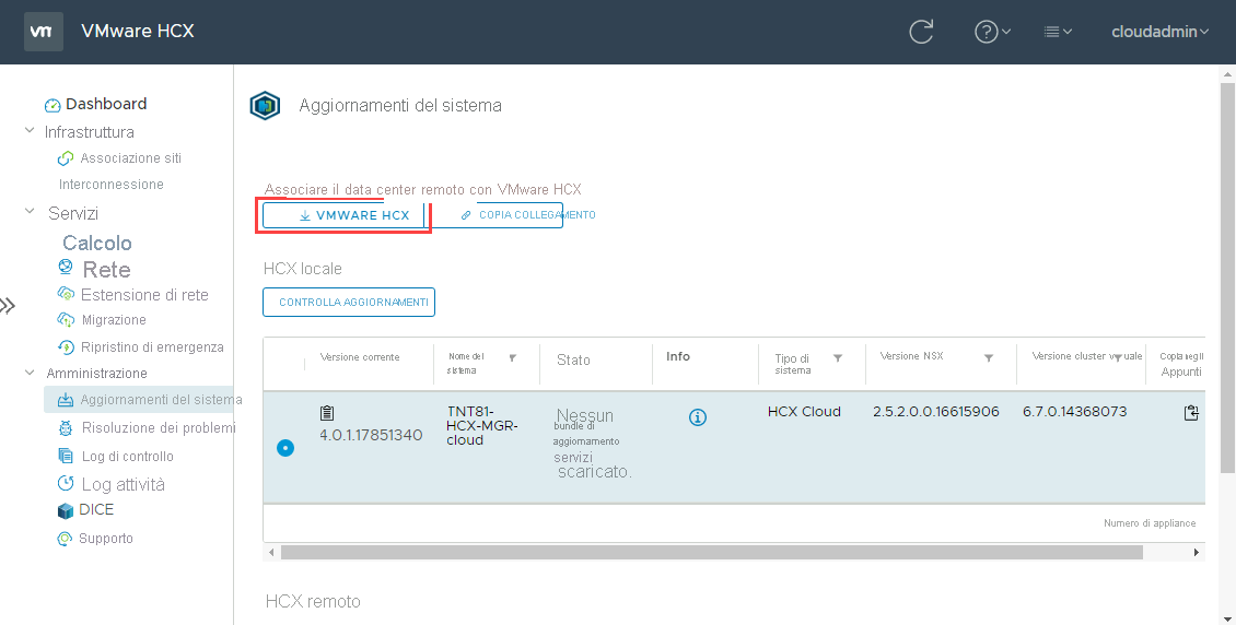 Screenshot of selecting VMware HCX, which downloads the OVA file for deployment on-premises.