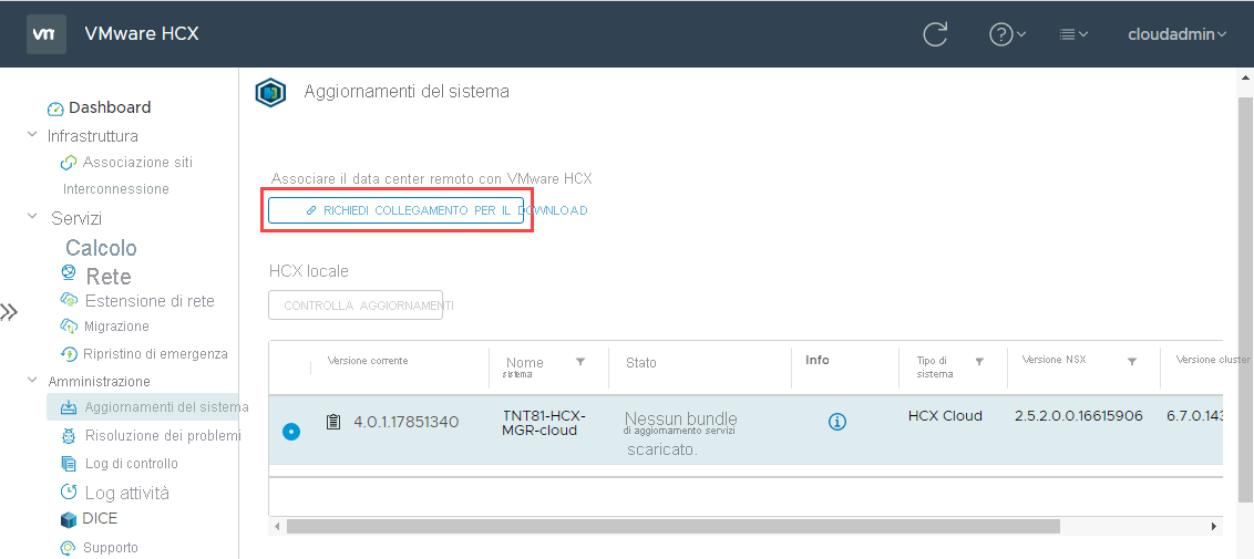 Screenshot of where to request a download link to the VMware HCX Connector OVA file for the on-premises VMware environment.