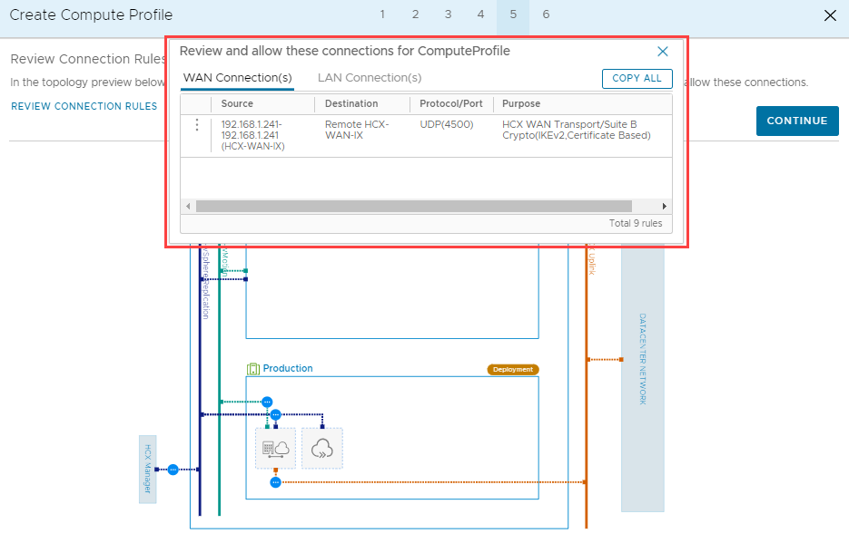 Screenshot that shows the connection rules and the Continue button in the on-premises HCX Connector.