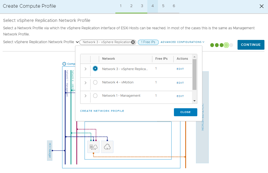 Screenshot that shows the selection of a replication network profile and the Continue button in the on-premises HCX Connector.