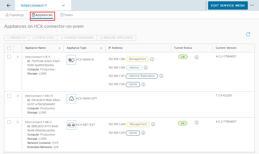 Screenshot of checking the health status of the on-premises HCX appliances.