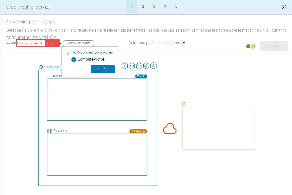 Screenshot that shows selecting the source compute profile in the on-premises HCX Connector.