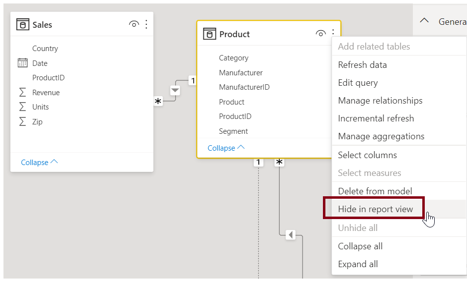 Screenshot dell'opzione Nascondi in visualizzazione Report.