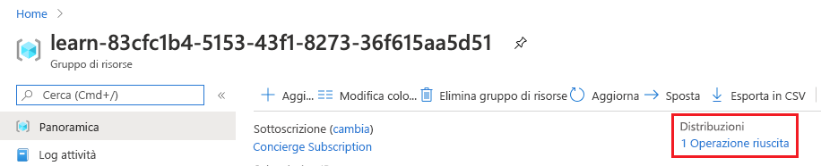 Screenshot del portale di Azure con la panoramica del gruppo di risorse. La sezione Distribuzioni indica che è stata completata una distribuzione.