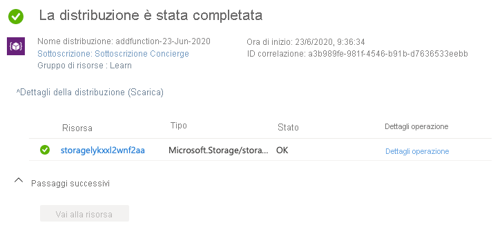 Screenshot del portale di Azure che mostra che l'account di archiviazione è stato distribuito.