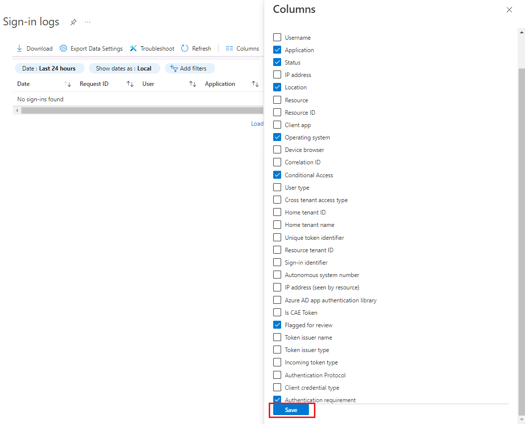 Screenshot che mostra la selezione dell'opzione Salva per selezionare e deselezionare le colonne per i log di accesso.