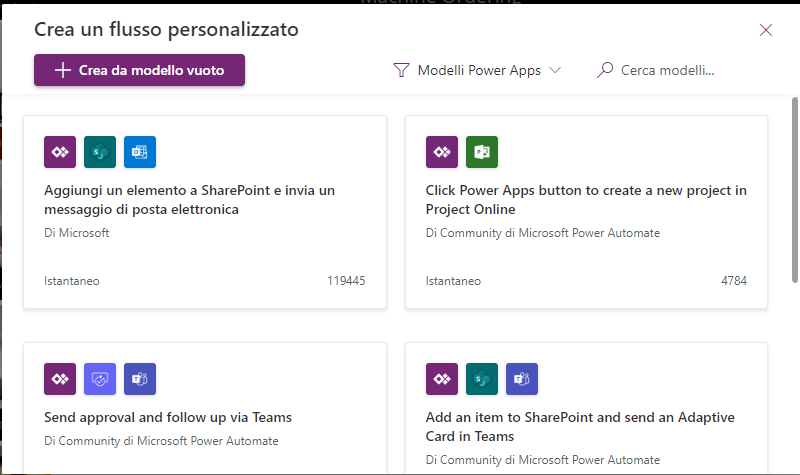 Screenshot dei risultati di ricerca del pulsante PowerApps.