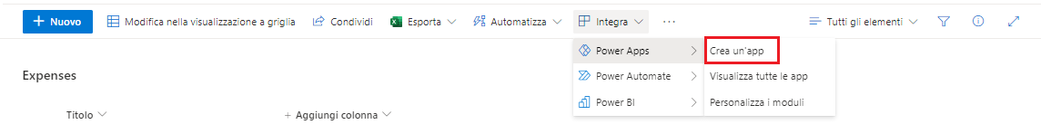 Screenshot della barra di strumenti di SharePoint con il menu PowerApps espanso e l'opzione Vedi tutte le app evidenziata.