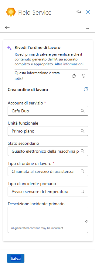 Screenshot del riquadro Outlook di Field Service (anteprima) che mostra un ordine di lavoro generato automaticamente per la revisione.