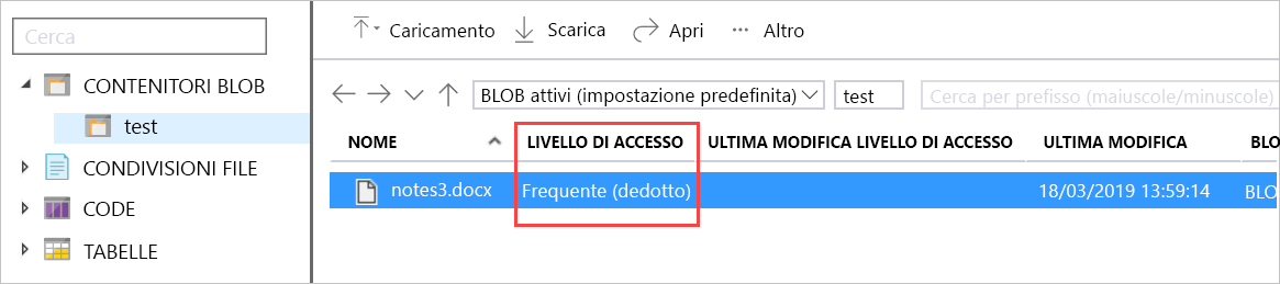 Screenshot dei contenitori BLOB con un contenitore di test selezionato, che mostra un livello di accesso evidenziato, impostato su Frequente.