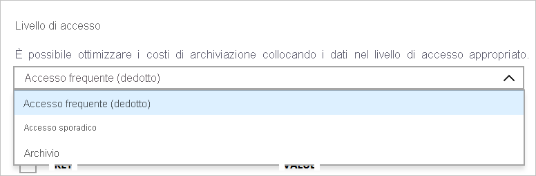 Screenshot dell'elenco a discesa livello di accesso BLOB che mostra le opzioni di accesso frequente, sporadico, saltuario e archivio.