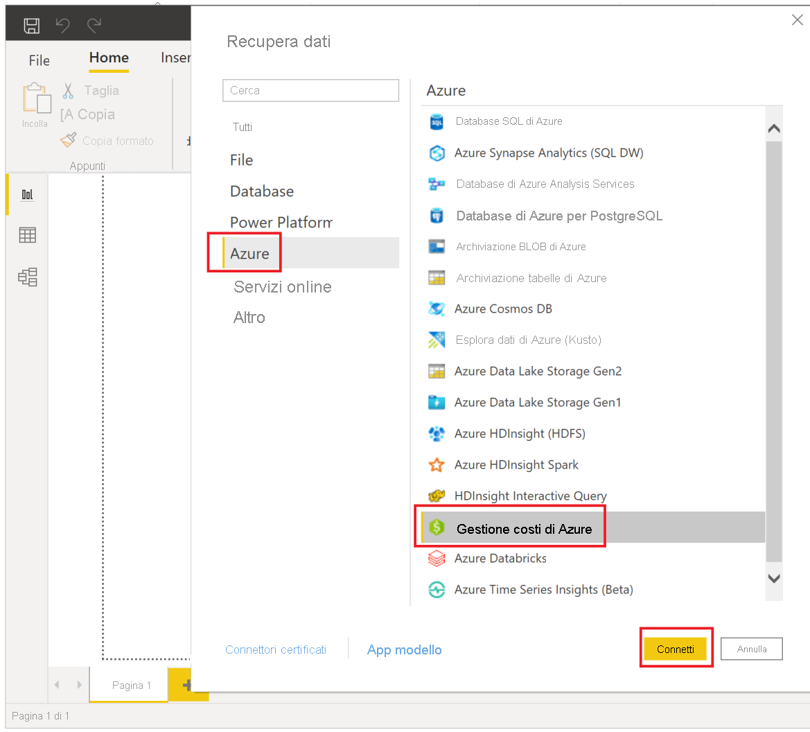 Screenshot che mostra Connetti a Gestione dei costi Microsoft in Power BI Desktop.