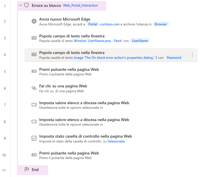 L'area di lavoro con un esempio di uso dell'azione Errore su blocco.