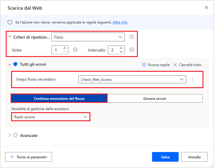 Screenshot delle opzioni di gestione degli errori dell'azione Scarica dal Web.