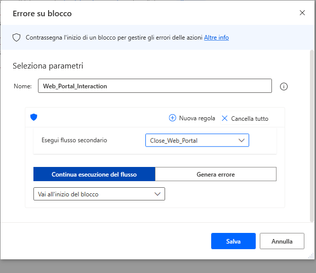 La finestra di dialogo delle proprietà dell'azione Errore su blocco.