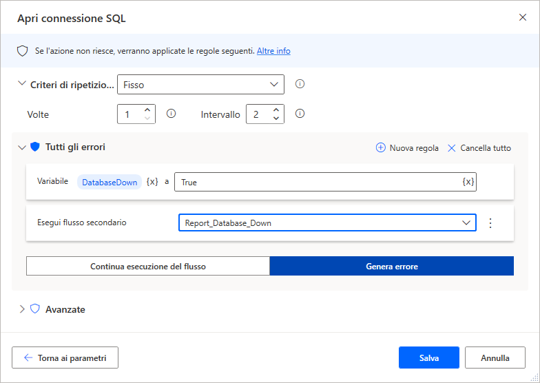 Scheda Gestione delle eccezioni compilata nelle proprietà dell'azione Apri connessione SQL.