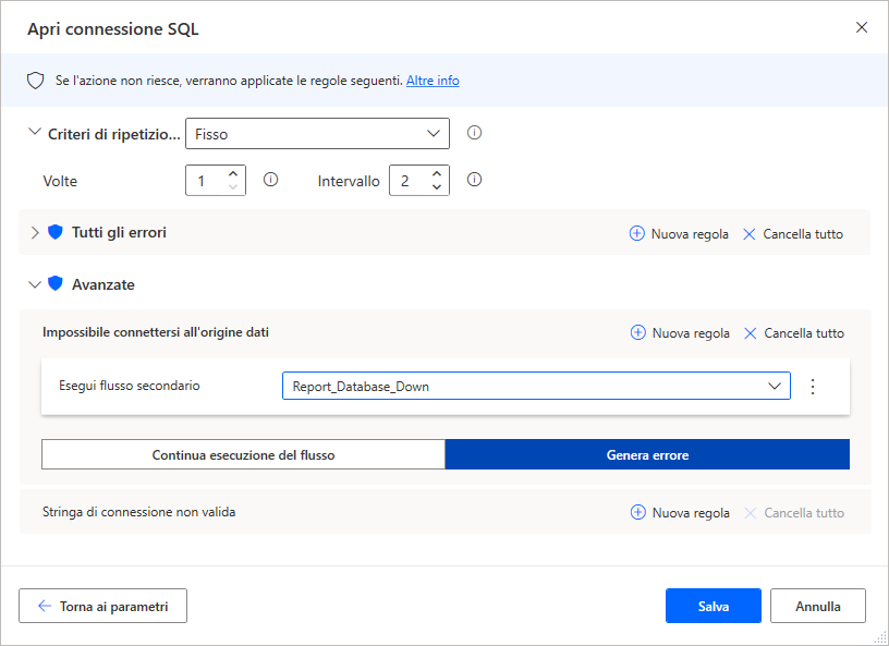 La scheda Gestione delle eccezioni compilata nelle proprietà dell'azione Apri connessione SQL con le eccezioni selezionate.