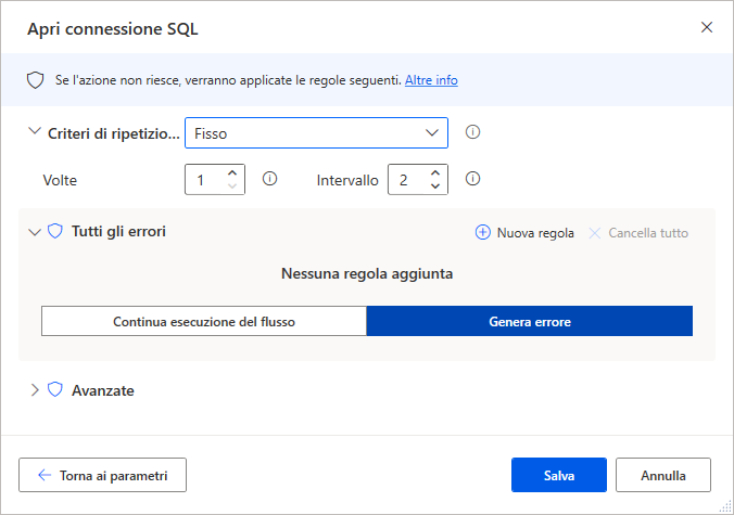 Gestione delle eccezioni nelle proprietà dell'azione Apri connessione SQL.