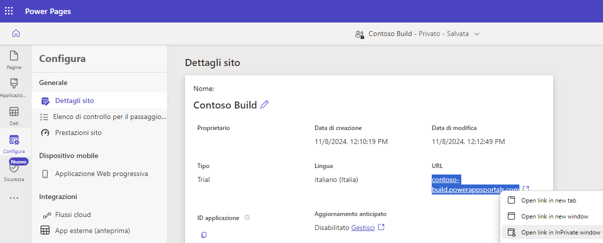 Screenshot dell'area di lavoro Configura con i dettagli del sito selezionati. Viene visualizzato il menu di scelta rapida per l'URL del sito con la voce di menu Apri nella finestra InPrivate evidenziata.