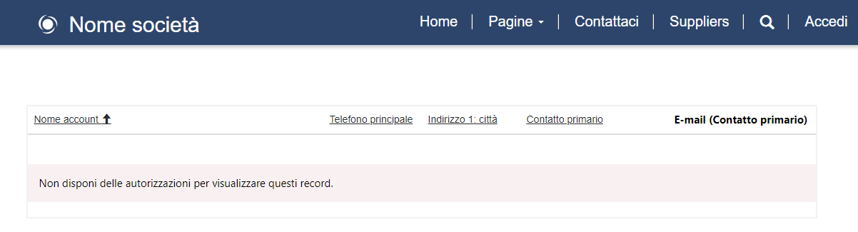 Screenshot del messaggio di errore visualizzato quando si tenta di accedere all'elenco di account senza disporre delle autorizzazioni di tabella.