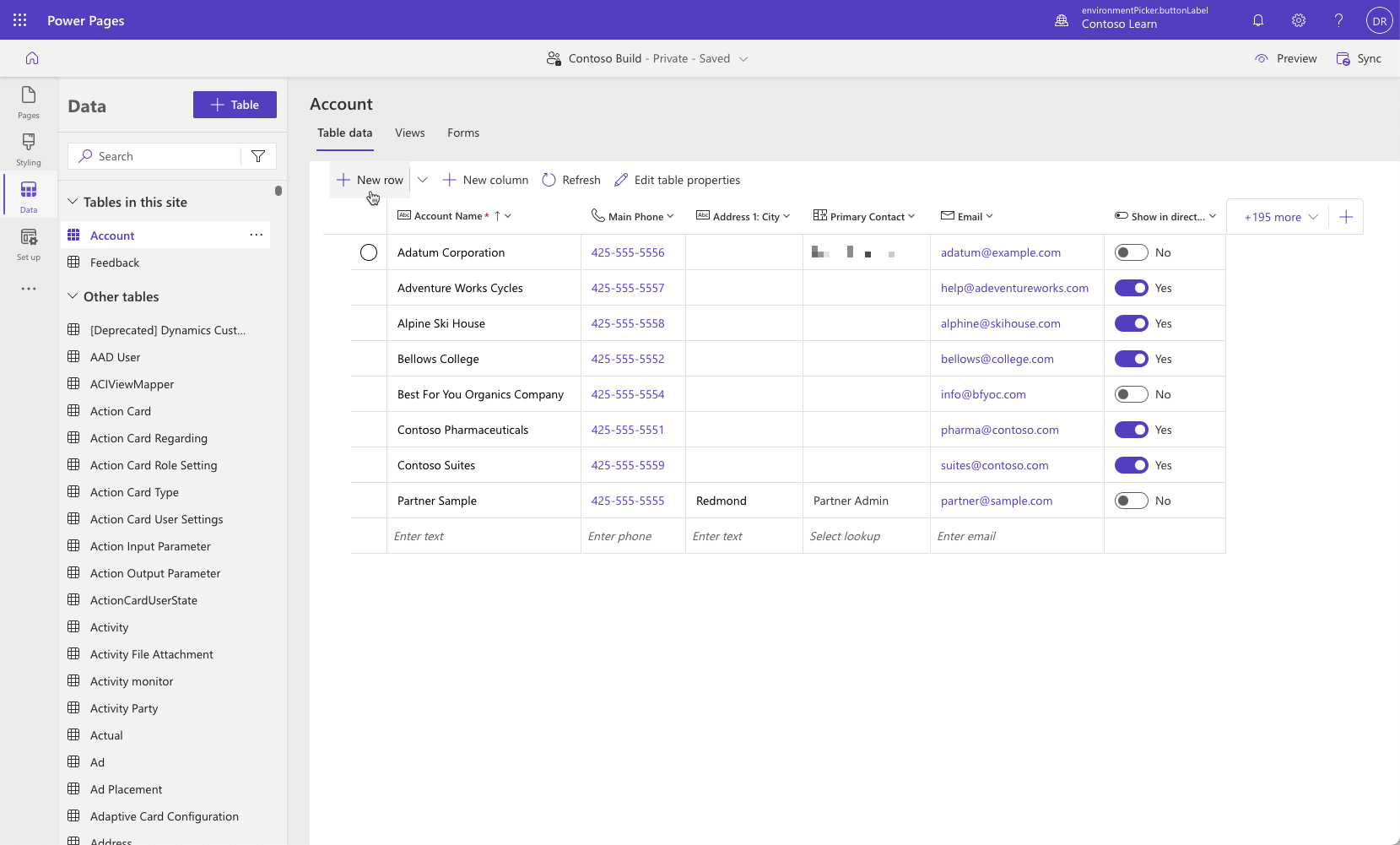 Screenshot della tabella Account in cui sono state immesse alcune righe di dati.