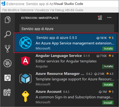 Screenshot di Visual Studio Code che mostra la scheda Estensioni con l'estensione di Servizio app di Azure evidenziata nei risultati della ricerca.