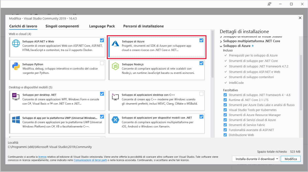 Screenshot dei carichi di lavoro del programma di installazione di Visual Studio con Sviluppo di Azure evidenziato.