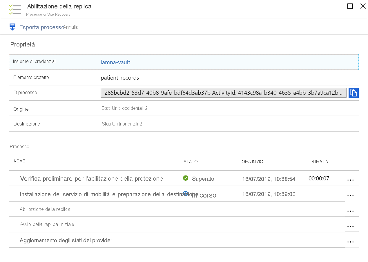 Screenshot of the Enable replication job's progress.