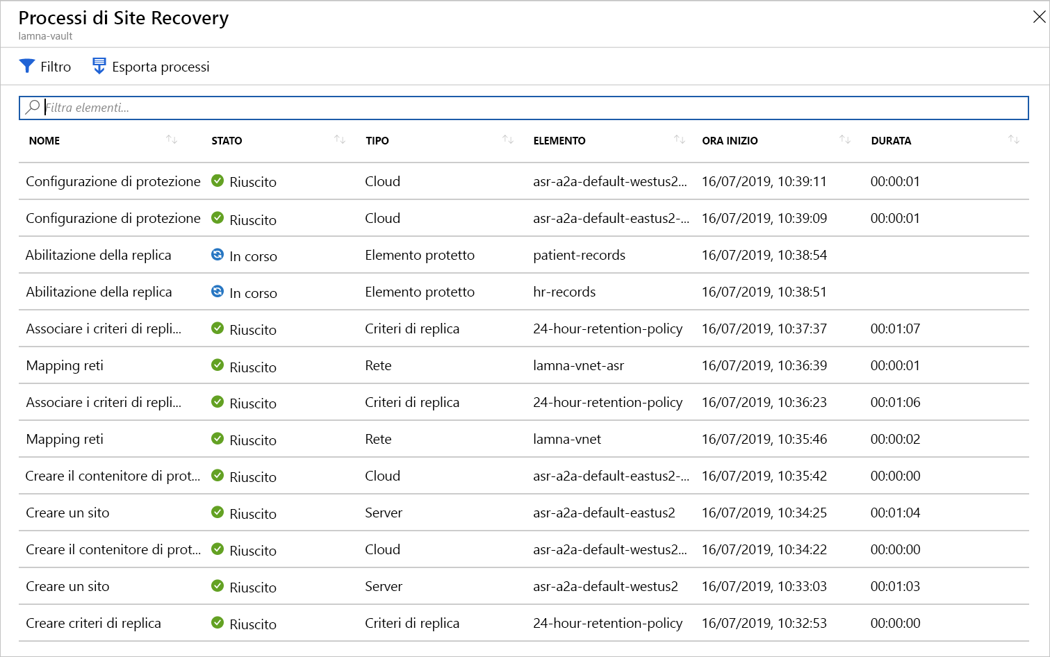 Screenshot of all the Site Recovery jobs.