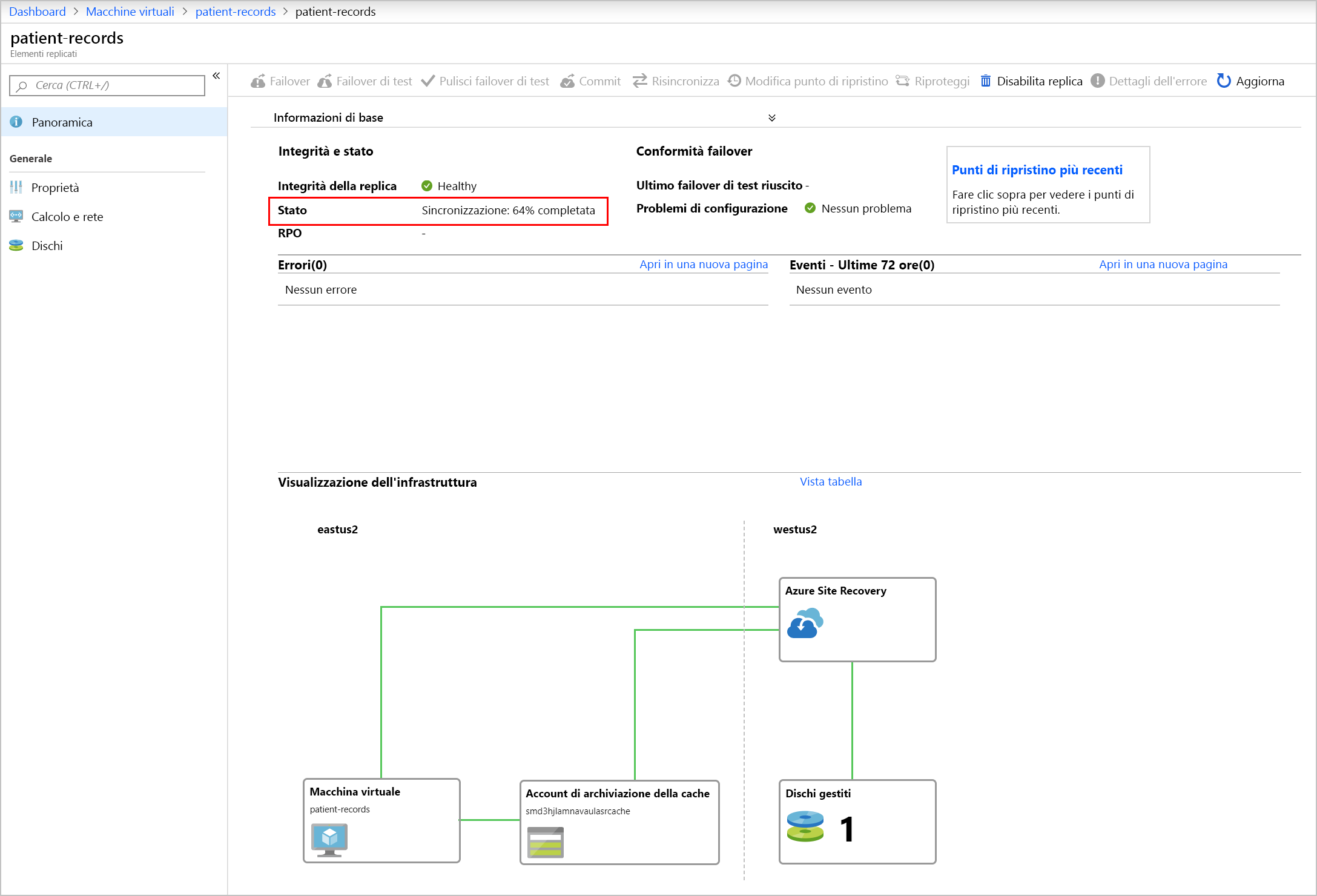 Screenshot che illustra lo stato della macchina virtuale patient-records con evidenziata la percentuale sincronizzata.