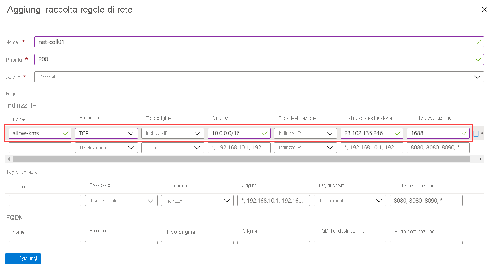 Screenshot that shows the network rule collection form filled out.