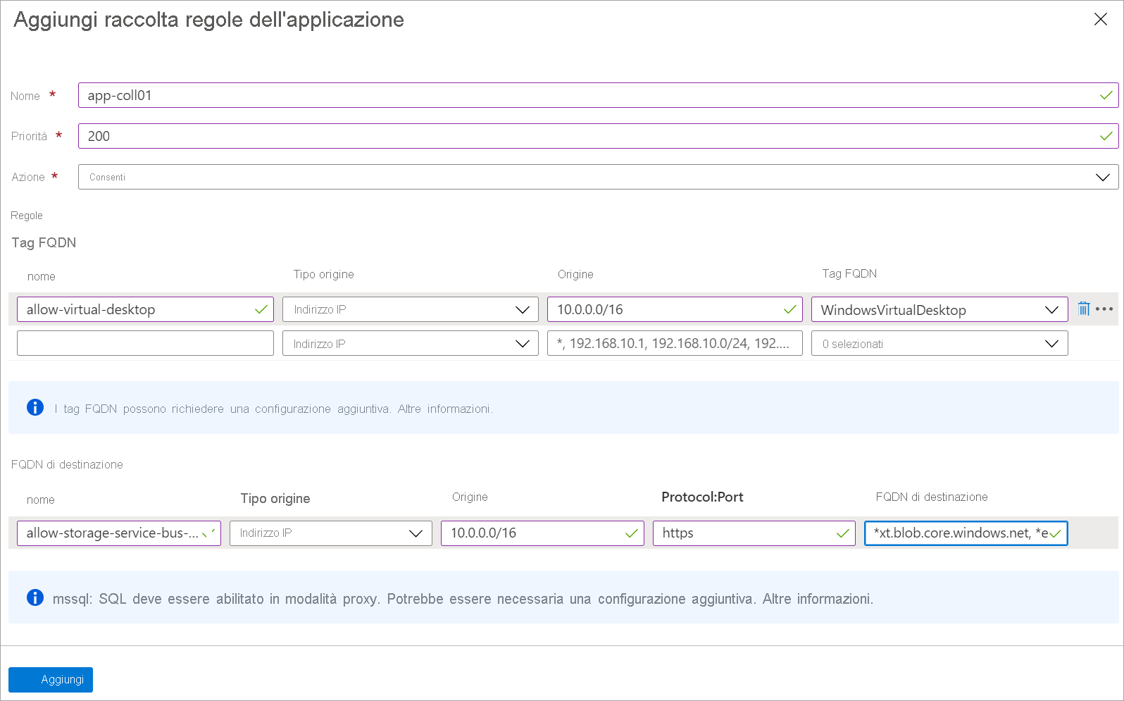 Screenshot that shows the application rule collection form filled out.