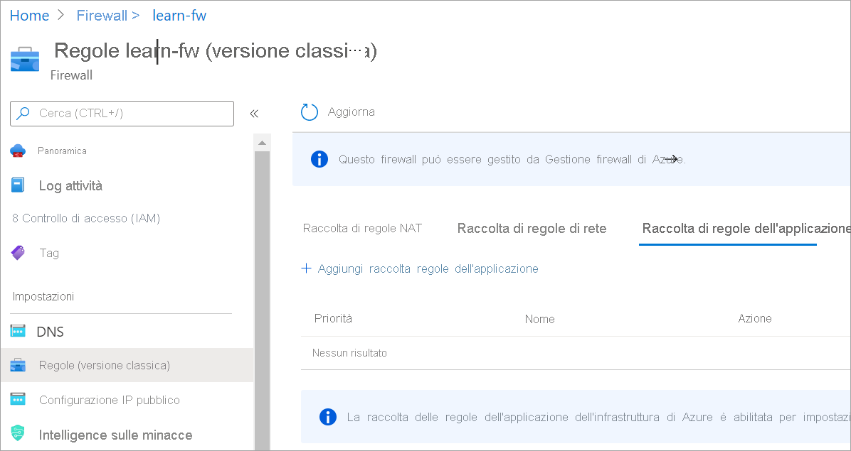 Screenshot that shows the application rule collection tab with the add application rule collection option.